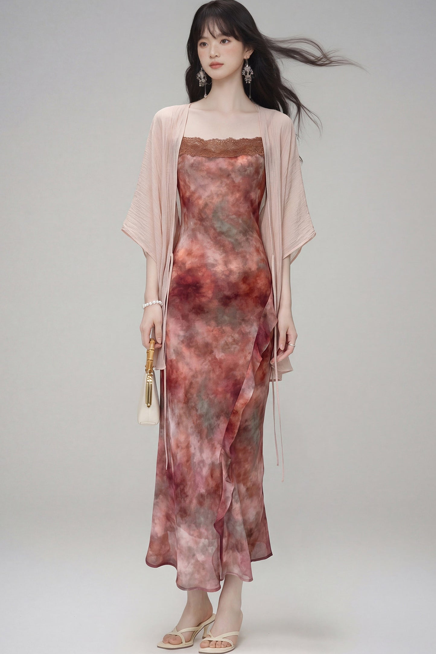 Gradient Print Suspender Dress with Cardigan Set-Up