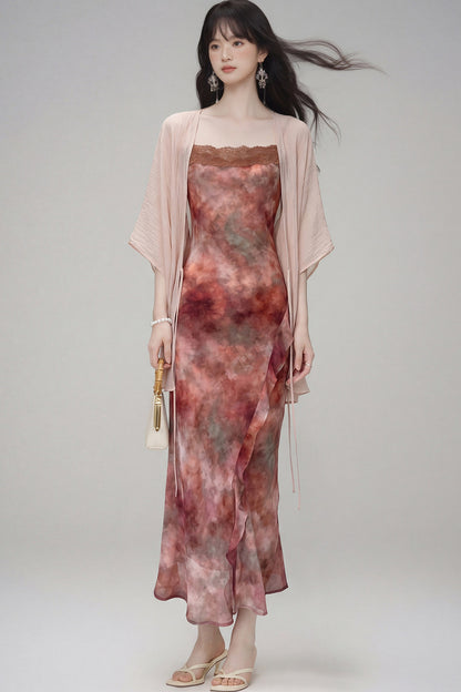 Gradient Print Suspender Dress with Cardigan Set-Up