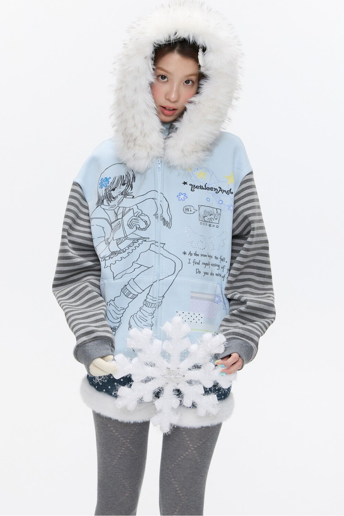 Striped Raglan Fur Collar Jacket