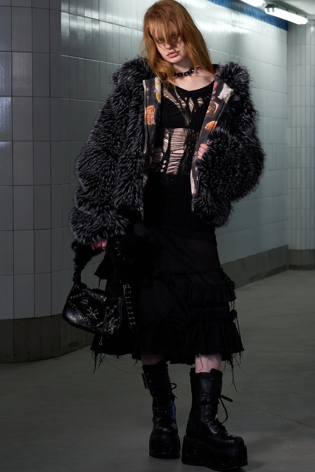 Cat Print Reversible Fur Coat