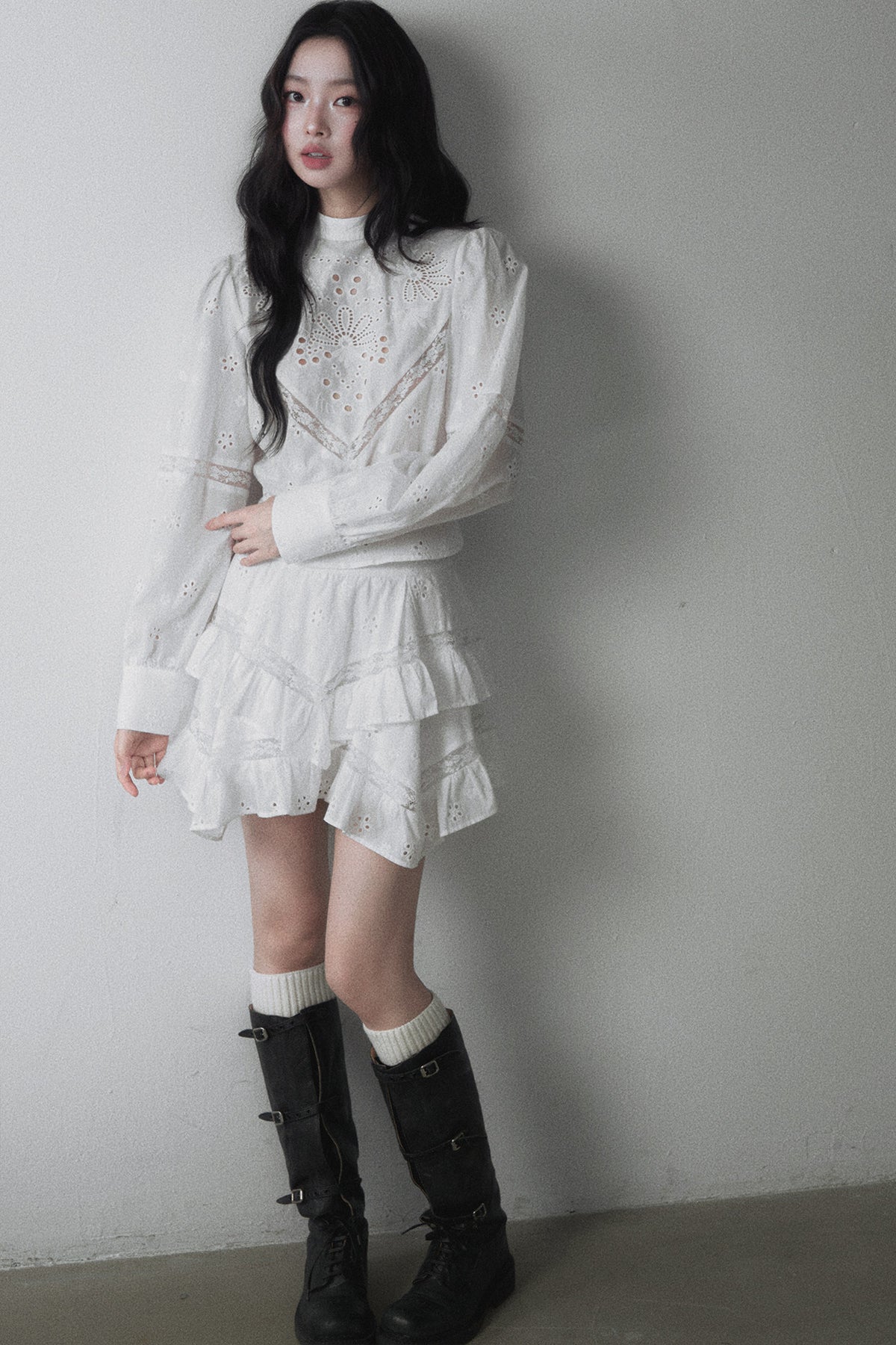 Pure Cotton Cut Out Shirt and Multi-Layered Asymmetrical Ruffle Skirt