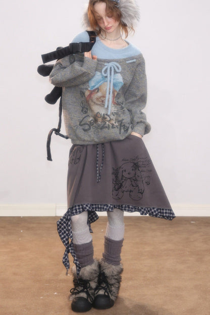 Plaid Graffiti Rabbit Irregular Hem Skirt