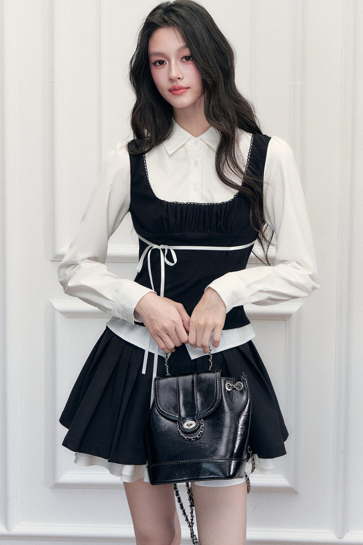 Lace Tie-Up Shirt Skirt Set-Up