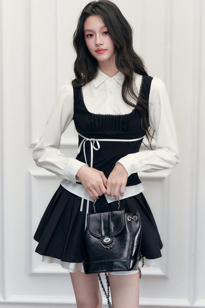 Lace Tie-Up Shirt Skirt Set-Up