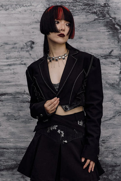 Dark Slimming Patchwork Lapel Jacket Set
