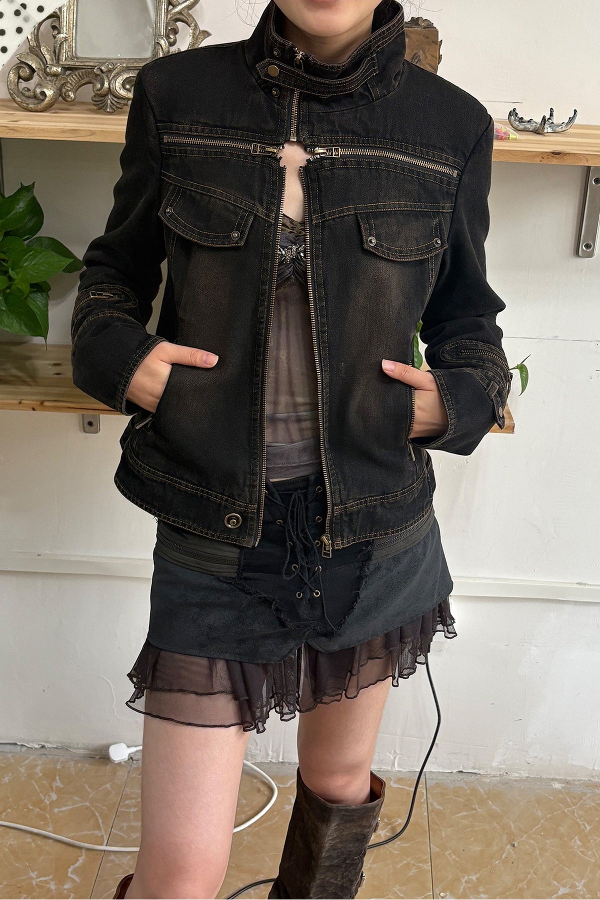 Washed Distressed Cross-Zipper Quilted Denim Jacket