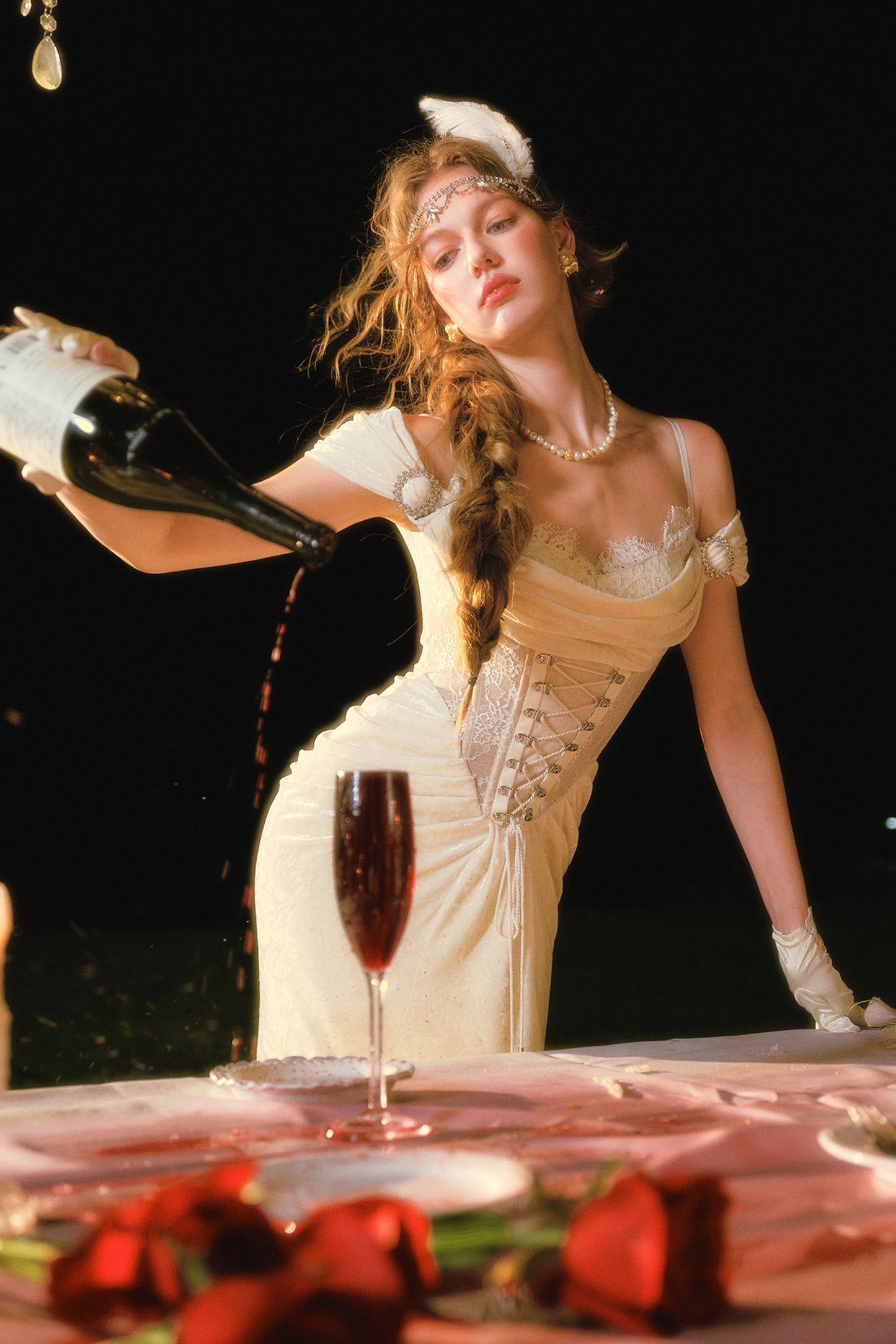 White Velvet Fishbone Corset Dress