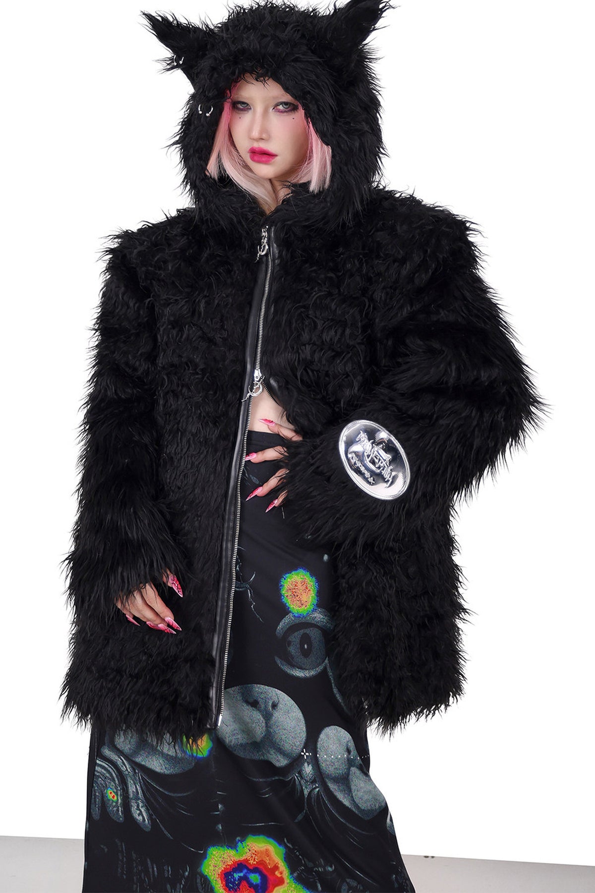 3D Cat Ears Hooded Faux Fur Jacket