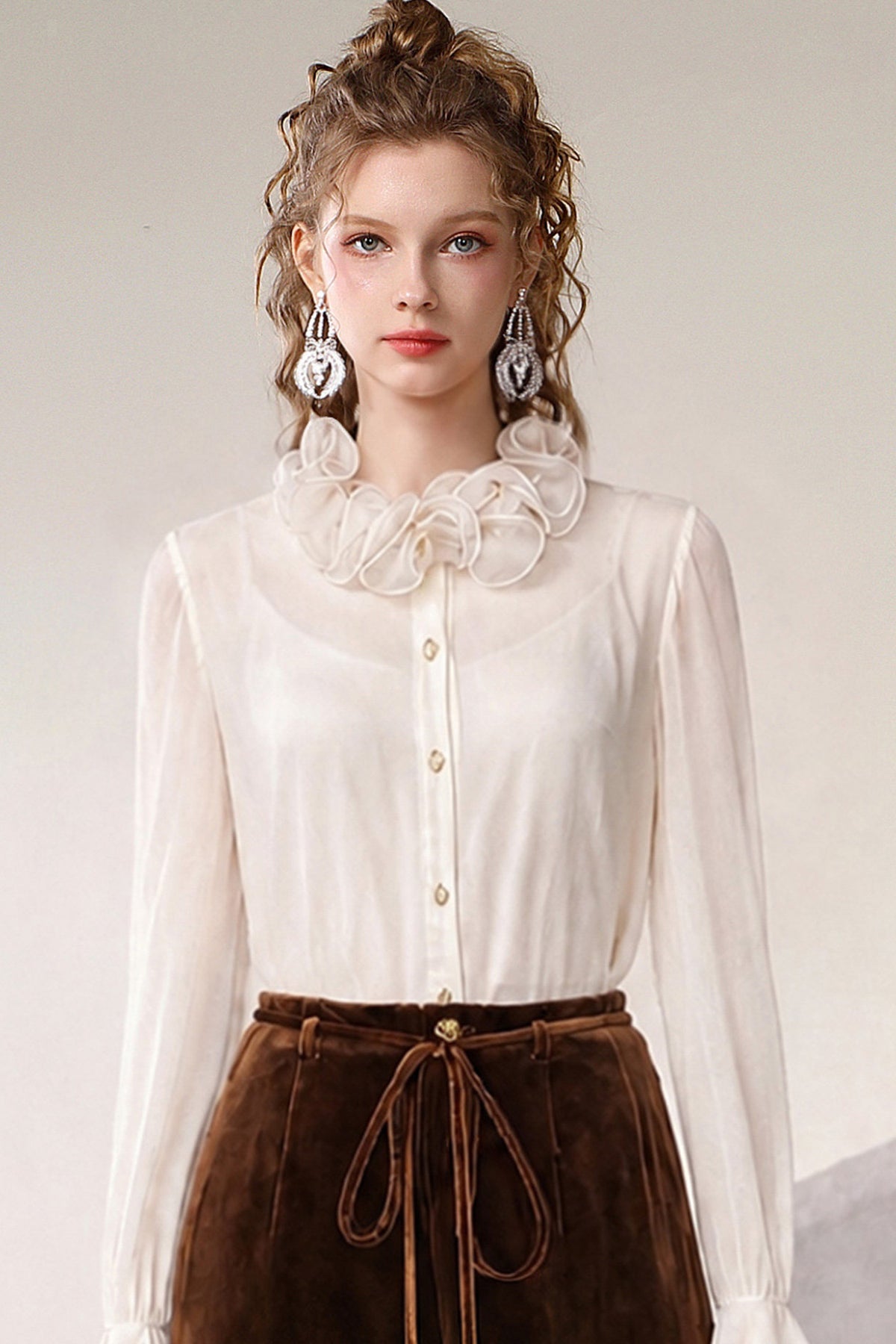 Beige Ruffle Collar Shirt