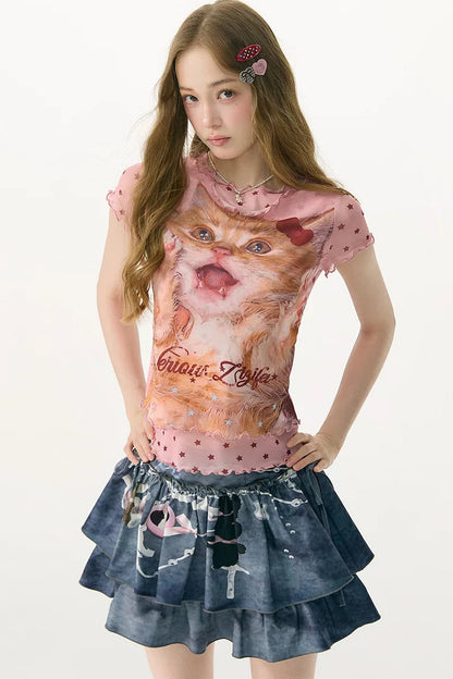 Retro Pink Cat Star Mesh T-Shirt
