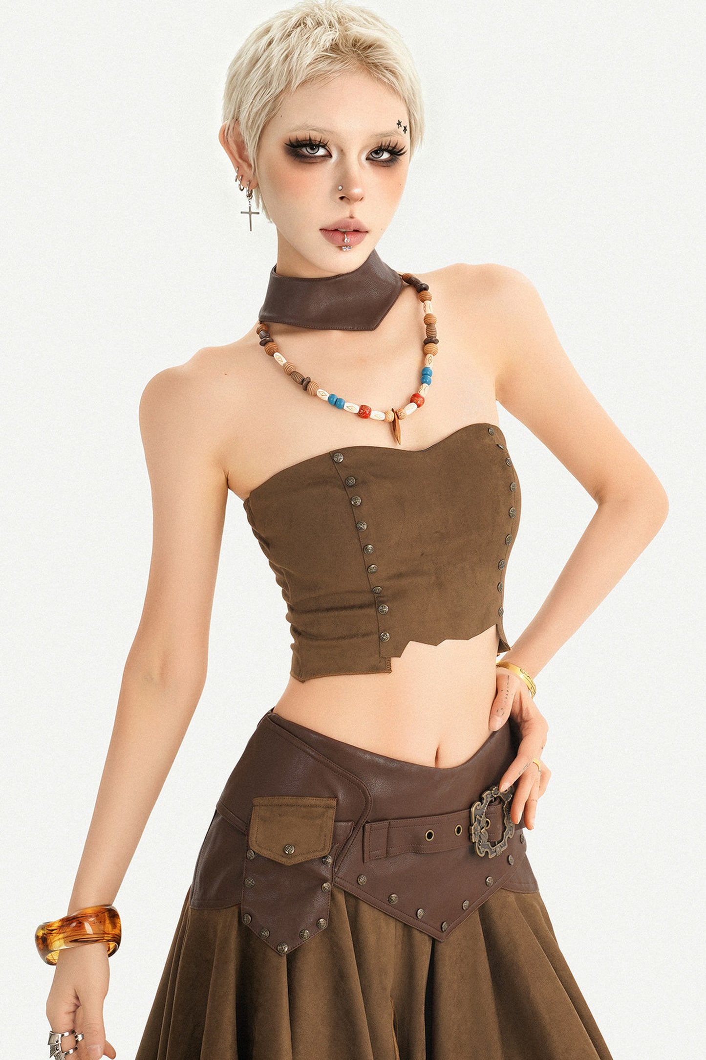 Patchwork Faux Suede Skirt and Top Set-Up