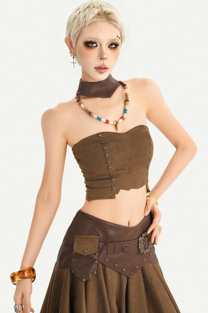 Patchwork Faux Suede Skirt and Top Set-Up