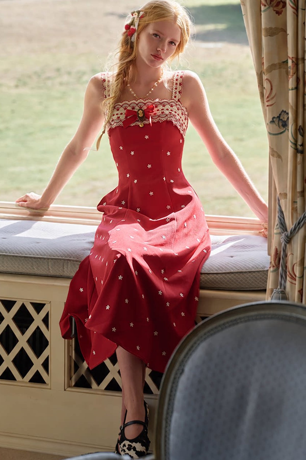 Berry Embroidered Strap Dress and Cardigan Set-Up
