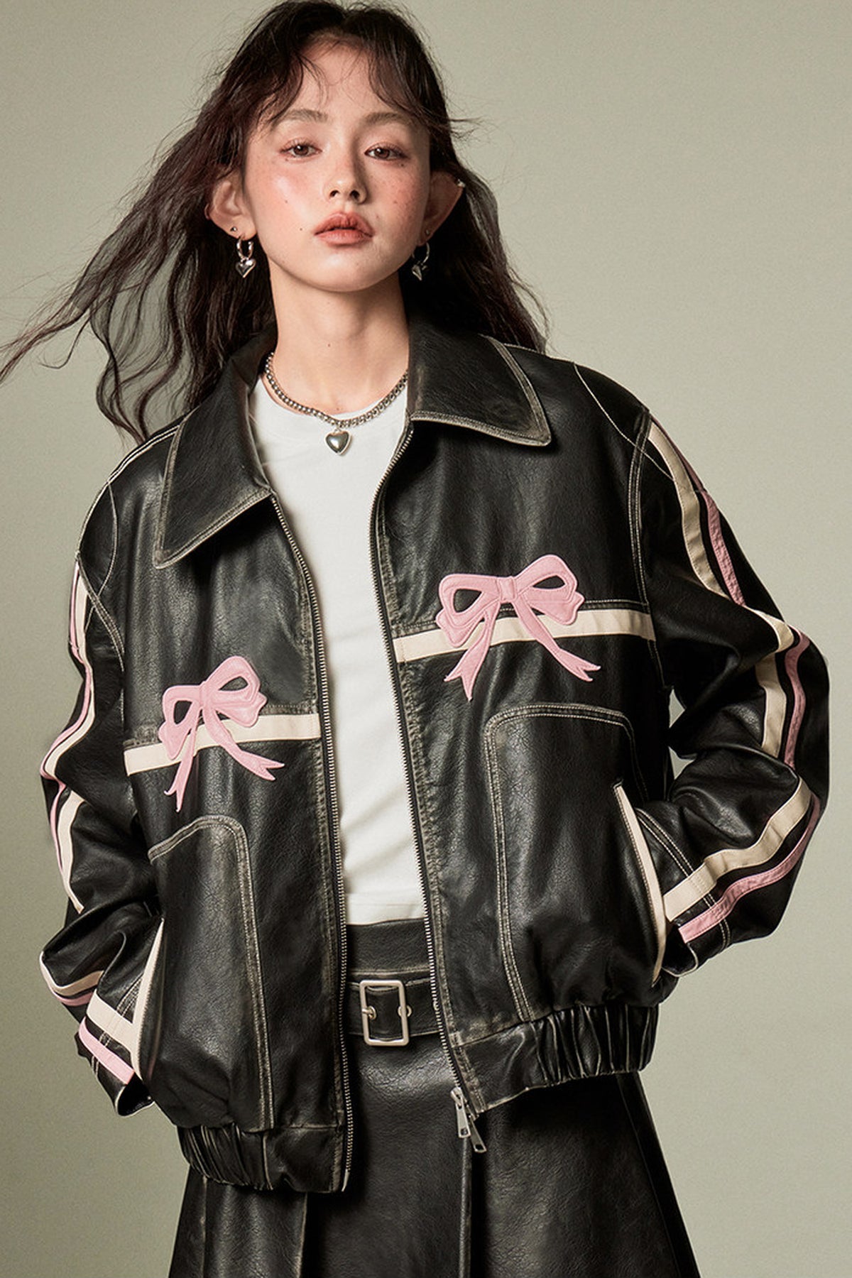 Distressed Bow Leather Jacket