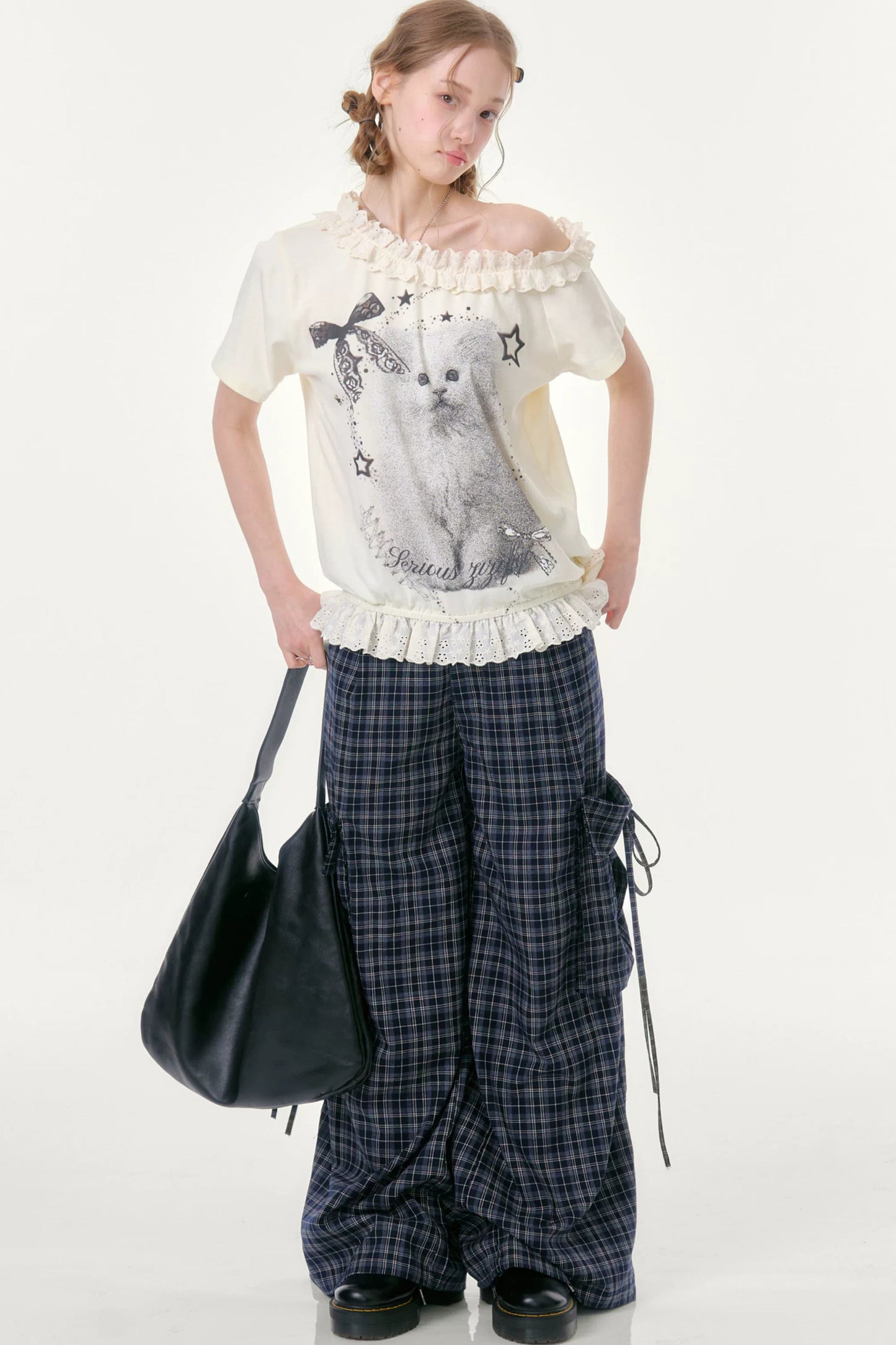 Dark Blue Plaid Wide-Leg Pants