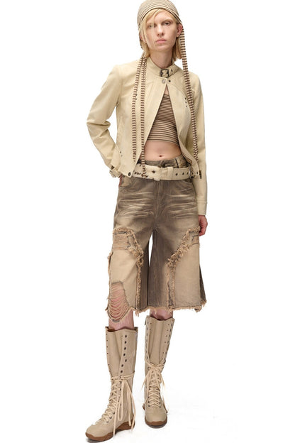 Storm Rider Washed Khaki PU Patchwork Jacket
