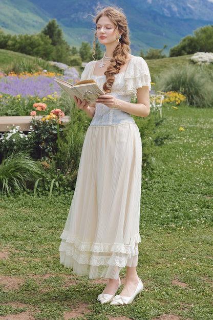French Retro Lace Trim Top and Skirt Set-Up