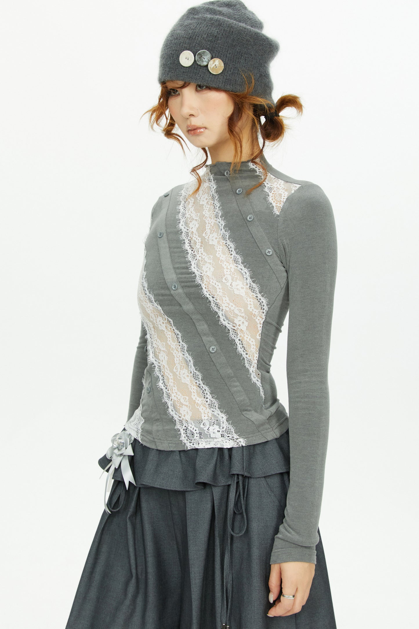 Gray Lace Knit Top