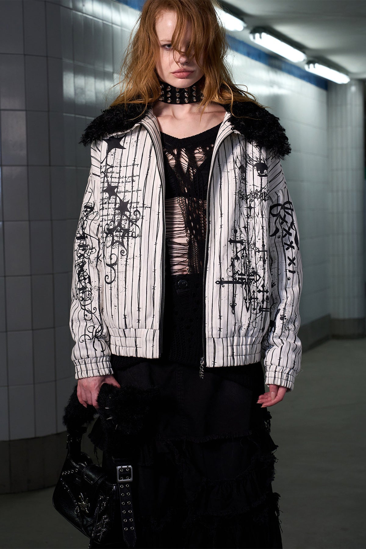 Detachable Fur Collar Thorn Stripe Jacket