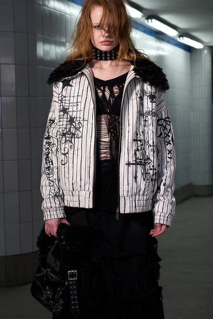 Detachable Fur Collar Thorn Stripe Jacket