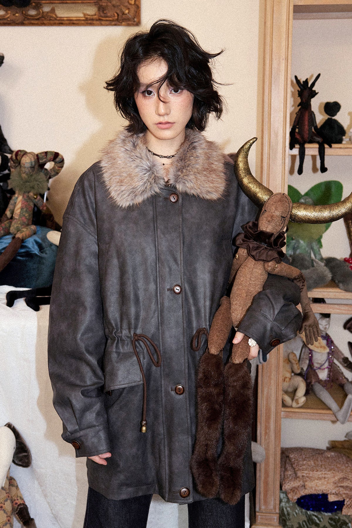 Fleece-Lined Detachable Fur Collar Leather Jacket
