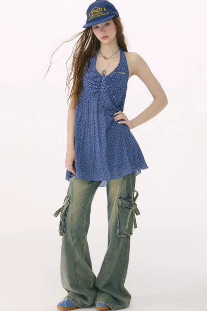 Blue Floral Waist-Tie Halter Camisole