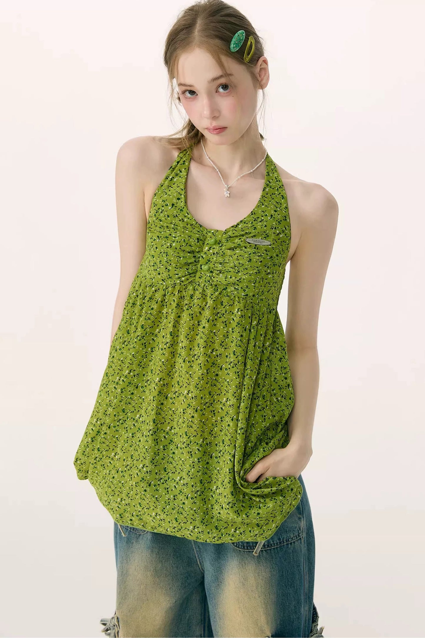 Green Floral Halter Top