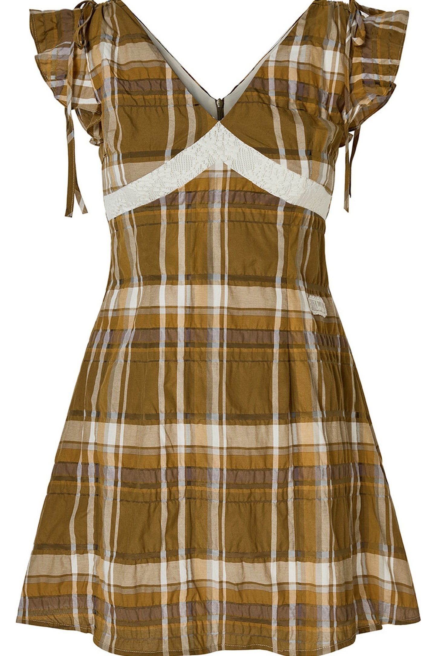 Brown Yellow Plaid Lace Trim Short Sleeve Dress