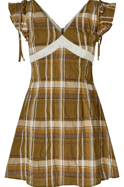 Brown Yellow Plaid Lace Trim Short Sleeve Dress
