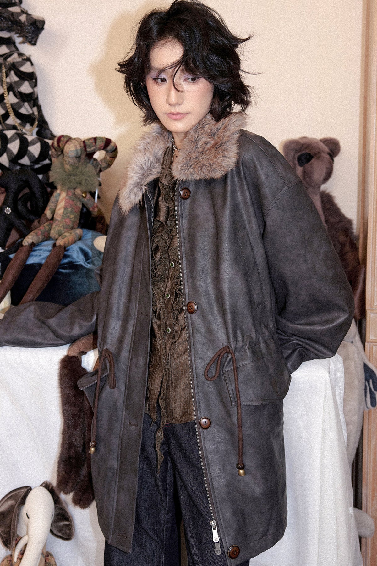 Fleece-Lined Detachable Fur Collar Leather Jacket