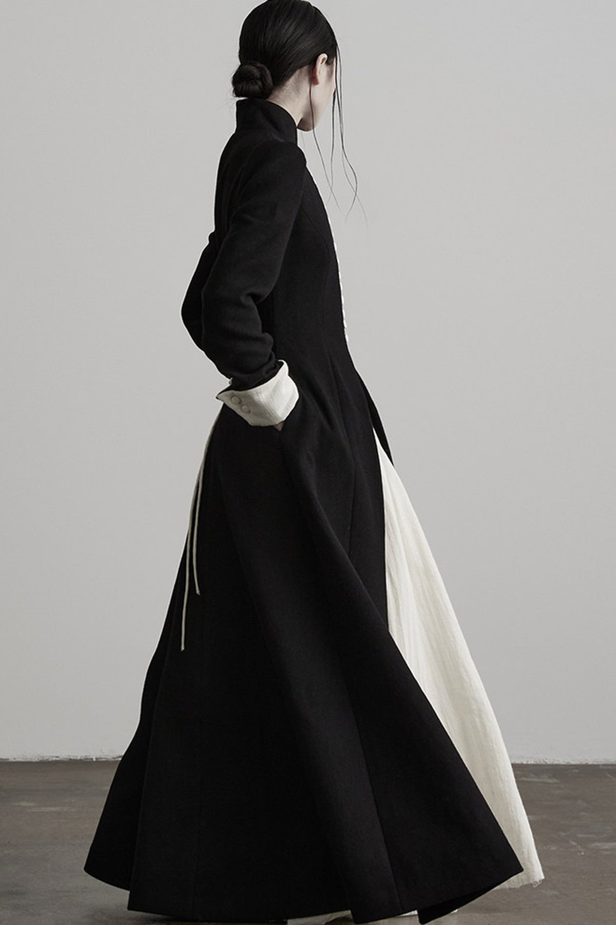 100% Wool Stand Collar Tie-Back Long Coat