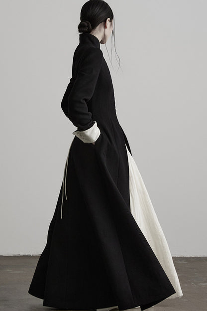 100% Wool Stand Collar Tie-Back Long Coat