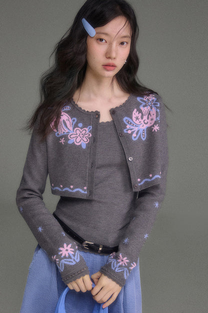 Hawthorn And Birds Jacquard Knit Cardigan And Top Set