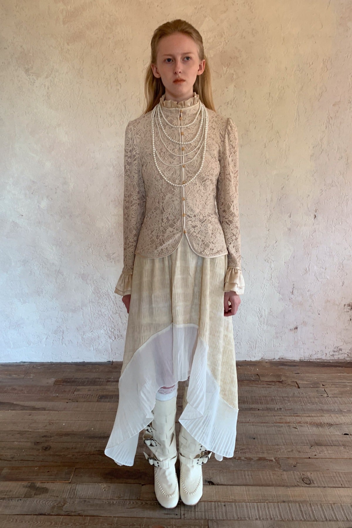 Beige Lace Stand Collar Blouse