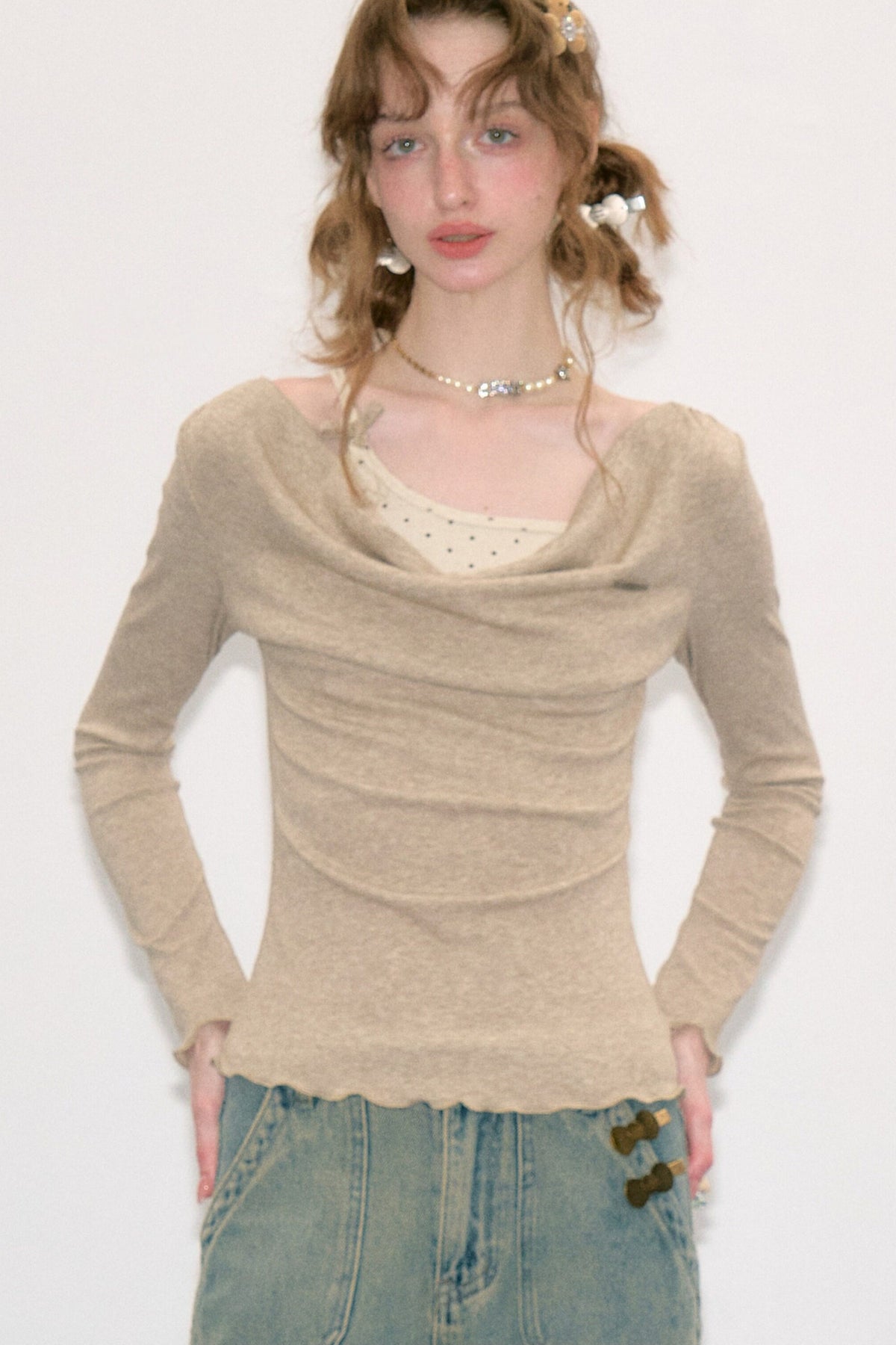 Layered-Look Flutter Collar Knit Top