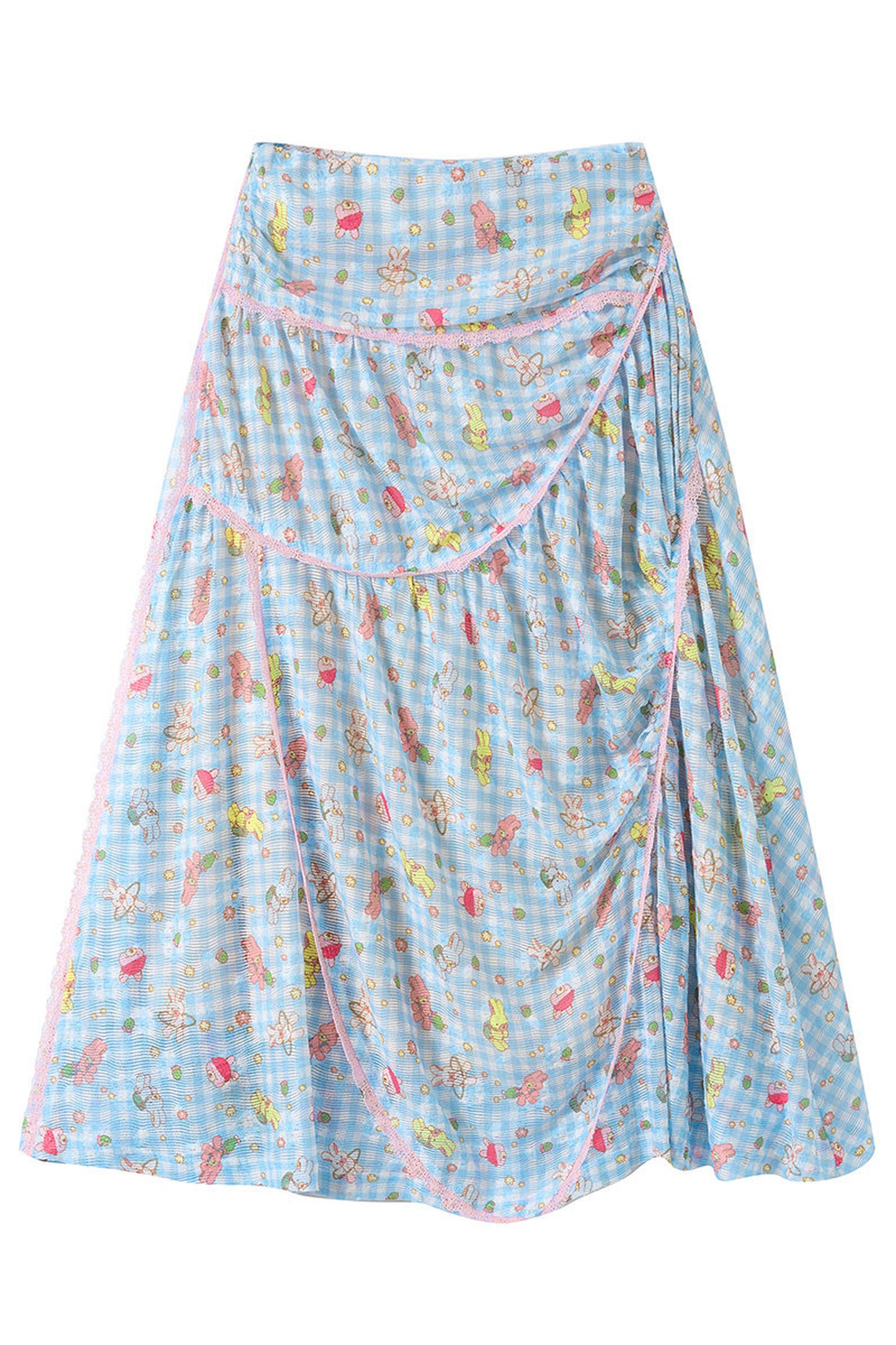 Ensemble haut en dentelle et jupe à carreaux bleus avec imprimé lapin