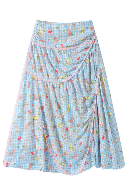 Ensemble haut en dentelle et jupe à carreaux bleus avec imprimé lapin