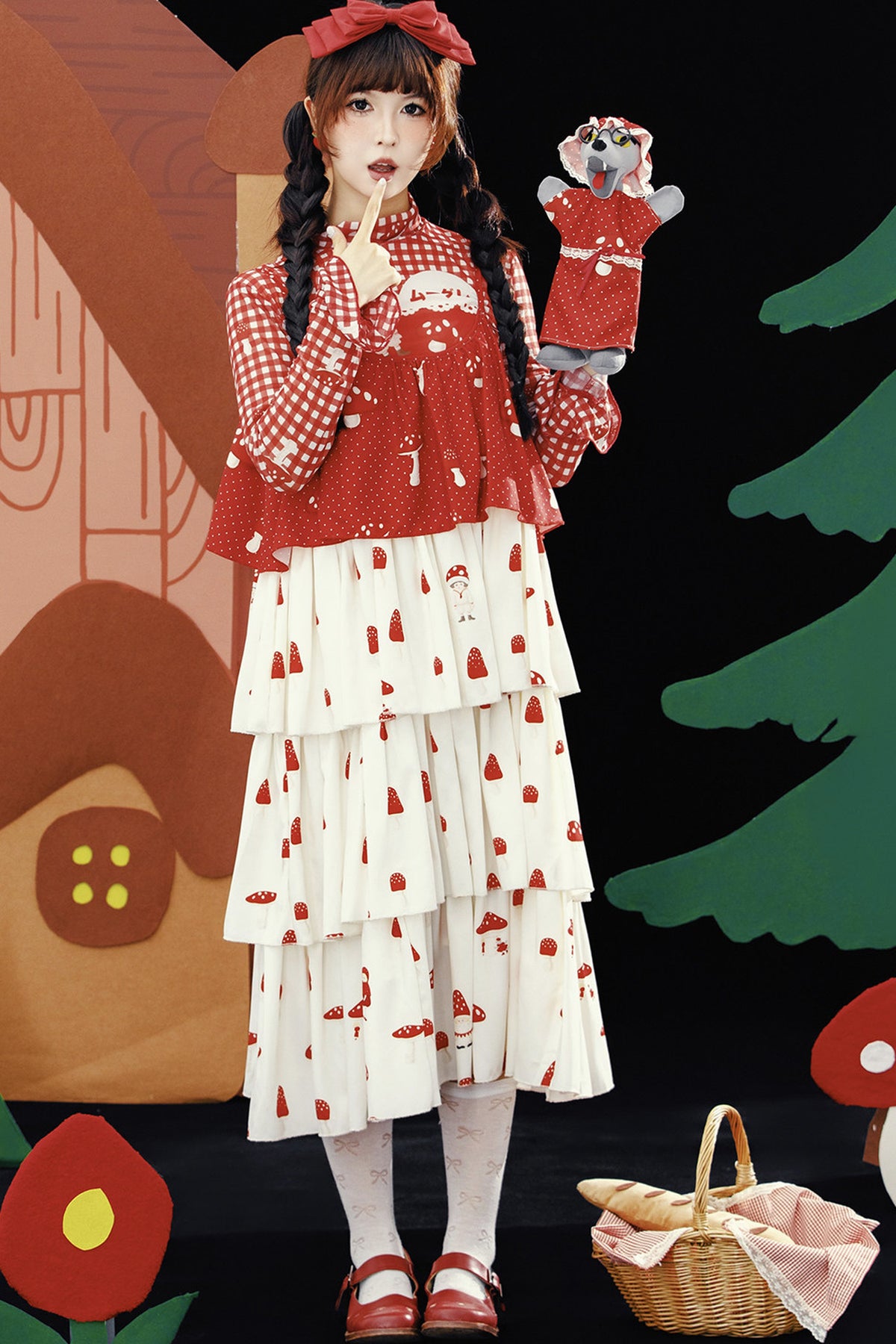 Red Mushroom Print Layered-Look Suspender Dress