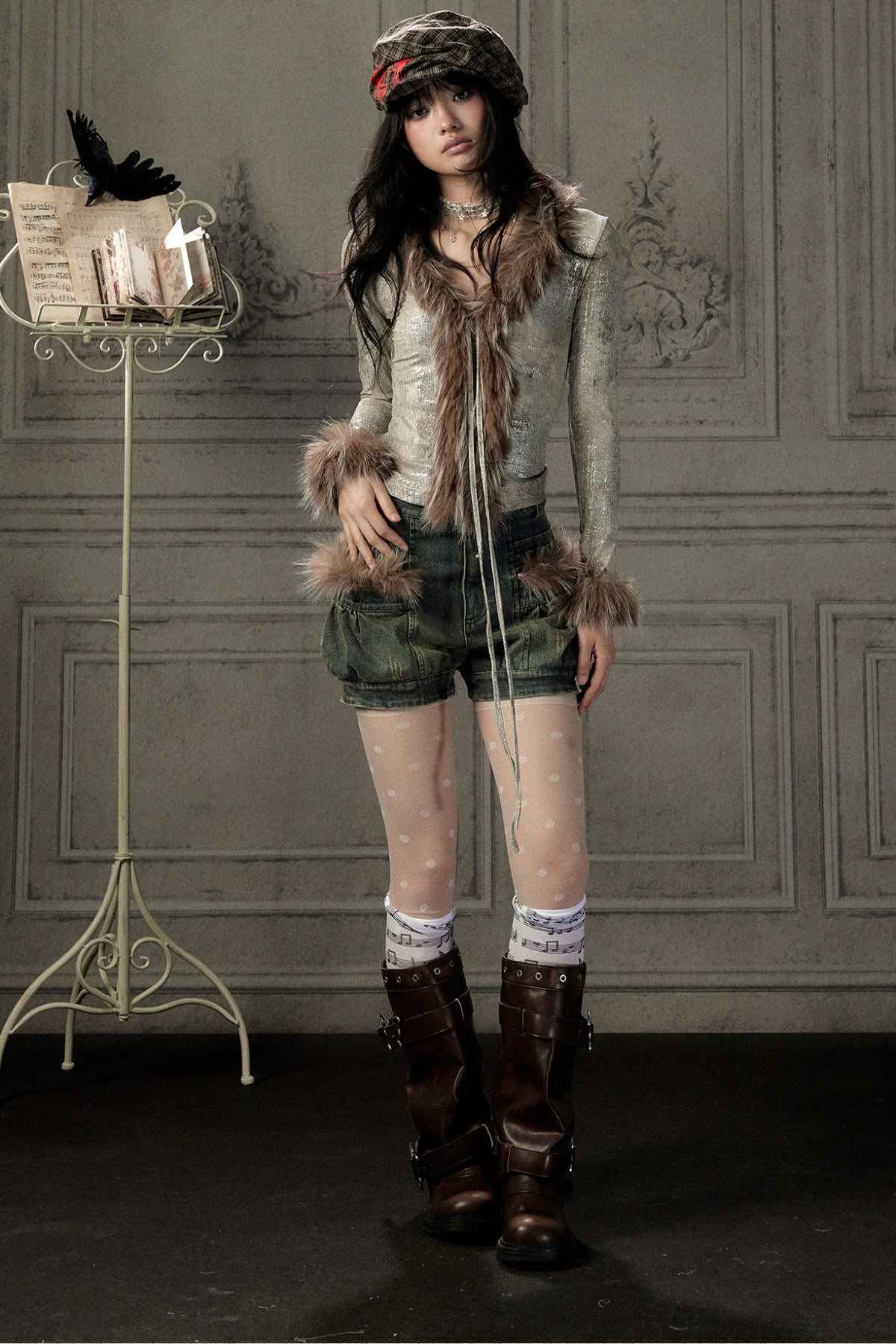 Fur Collar V-Neck Long-Sleeve T-Shirt