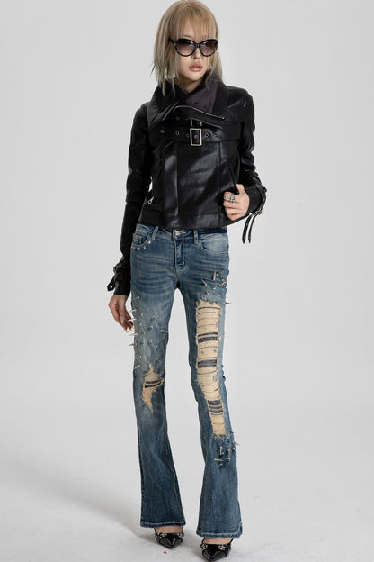 Spiked Snake Patch Flared Jeans