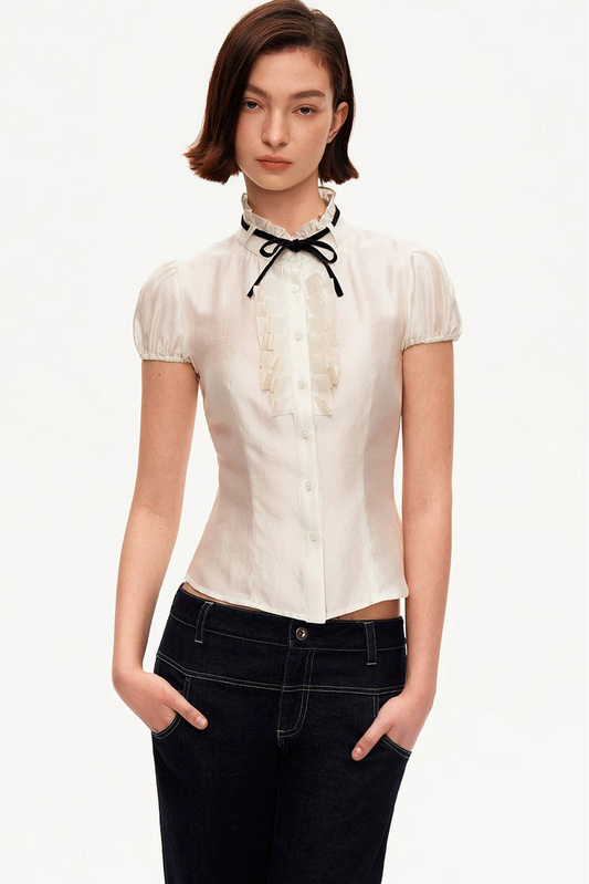 White Tencel Satin Puff Sleeve T-Shirt