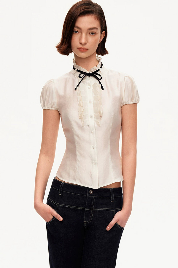 White Tencel Satin Puff Sleeve T-Shirt