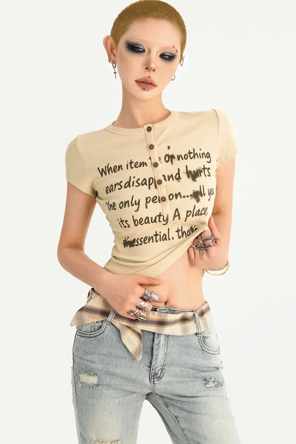 Schmales T-Shirt im koreanischen Stil mit Schriftprint