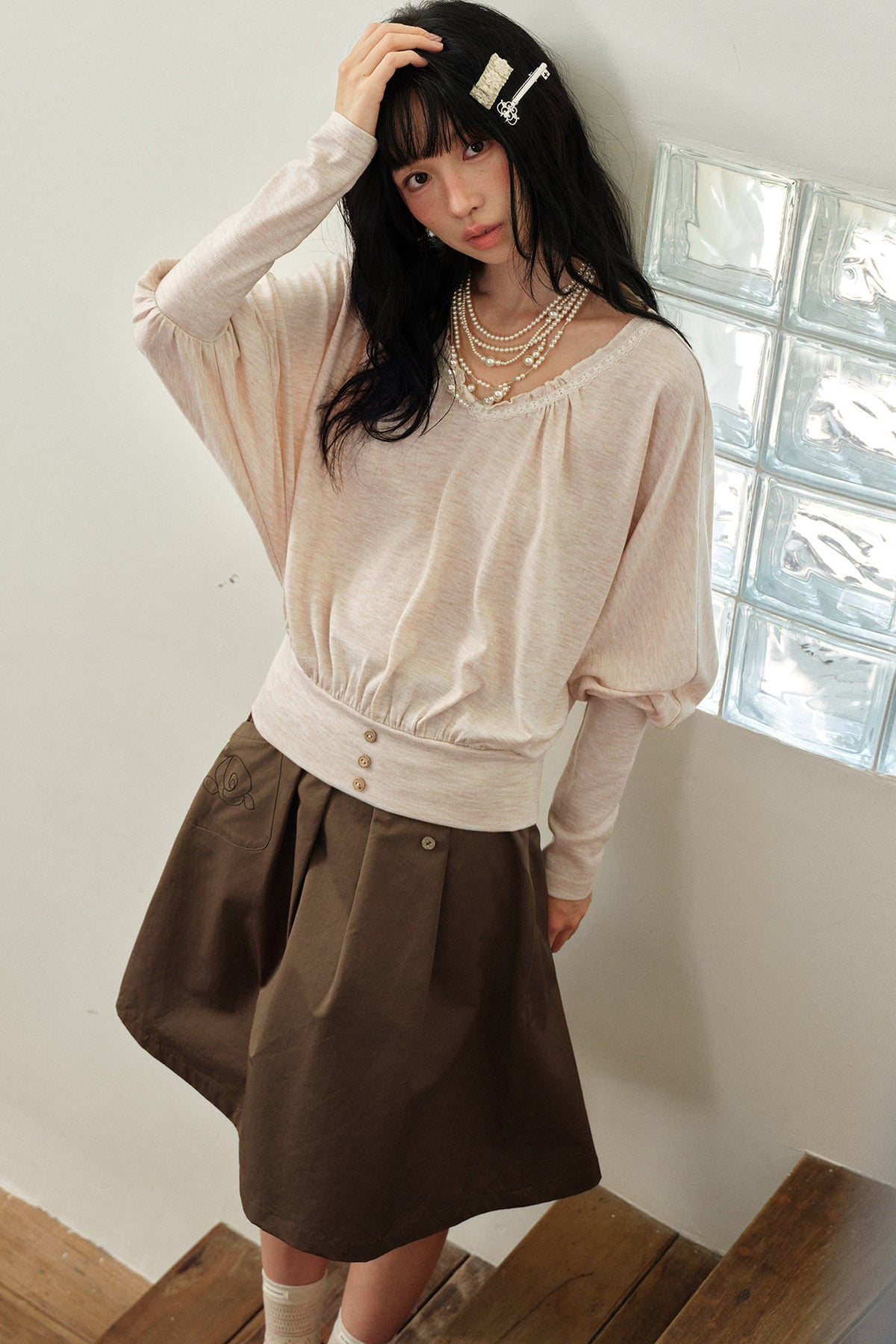 Camel Pink V-Neck Batwing Sleeve Knit Top