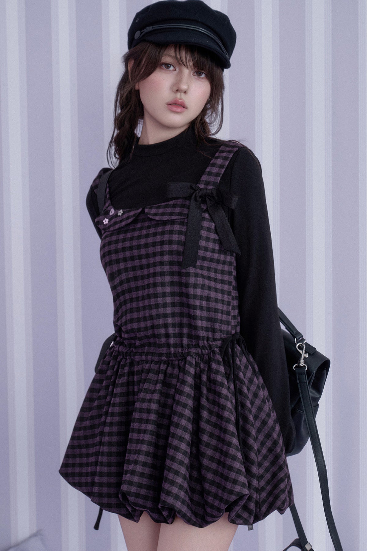 Retro Plaid Long Sleeve Flower Bud Dress