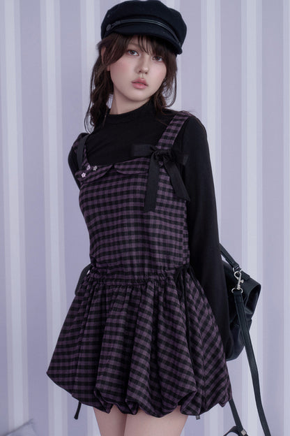 Retro Plaid Long Sleeve Flower Bud Dress