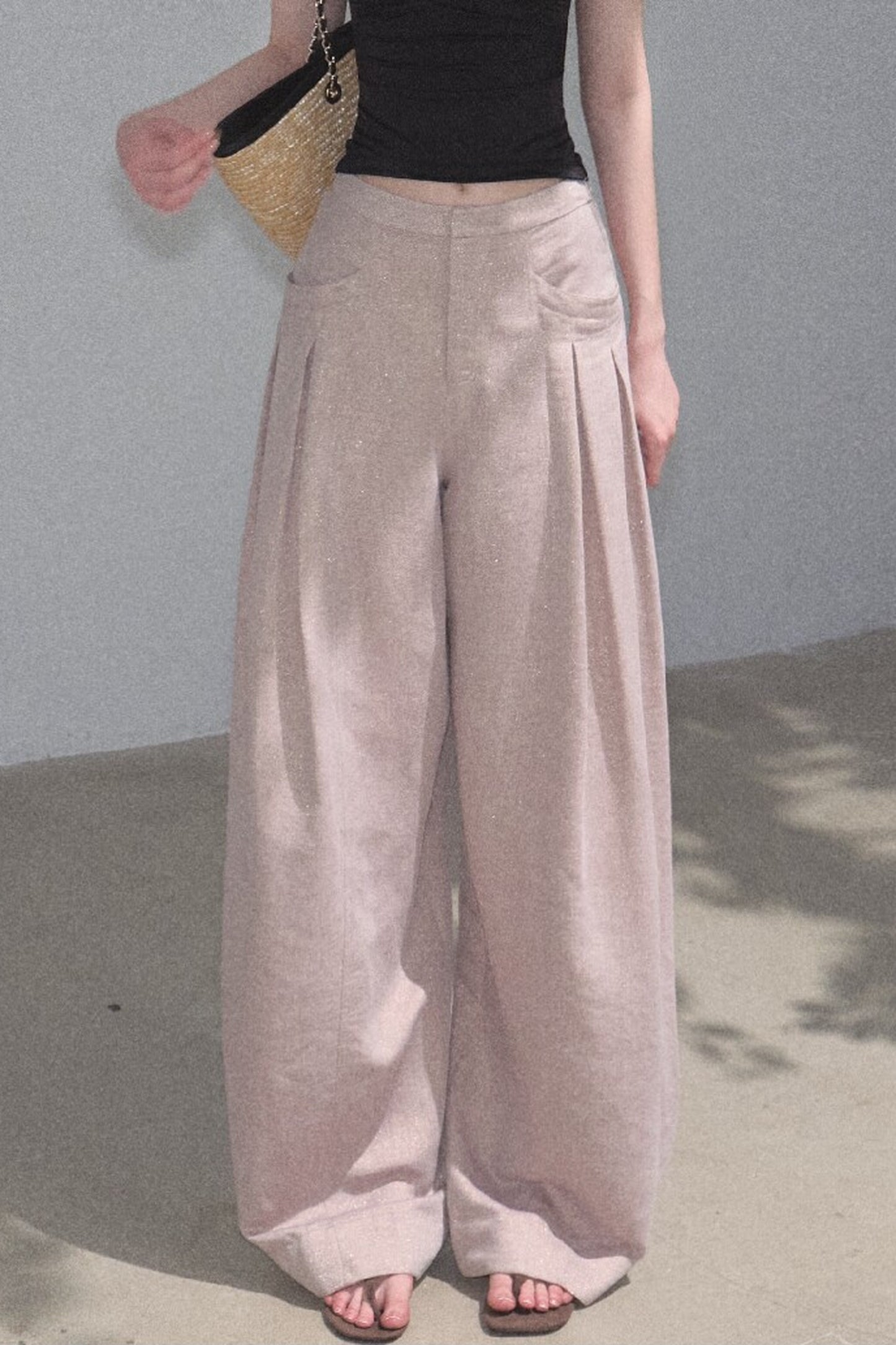 Goldene weite Seiden-Leinen-Hose