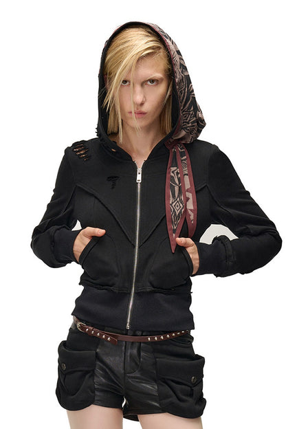 Lagenlook-Schal-Patchwork-Kapuzenjacke im Used-Look aus Sweatshirtstoff