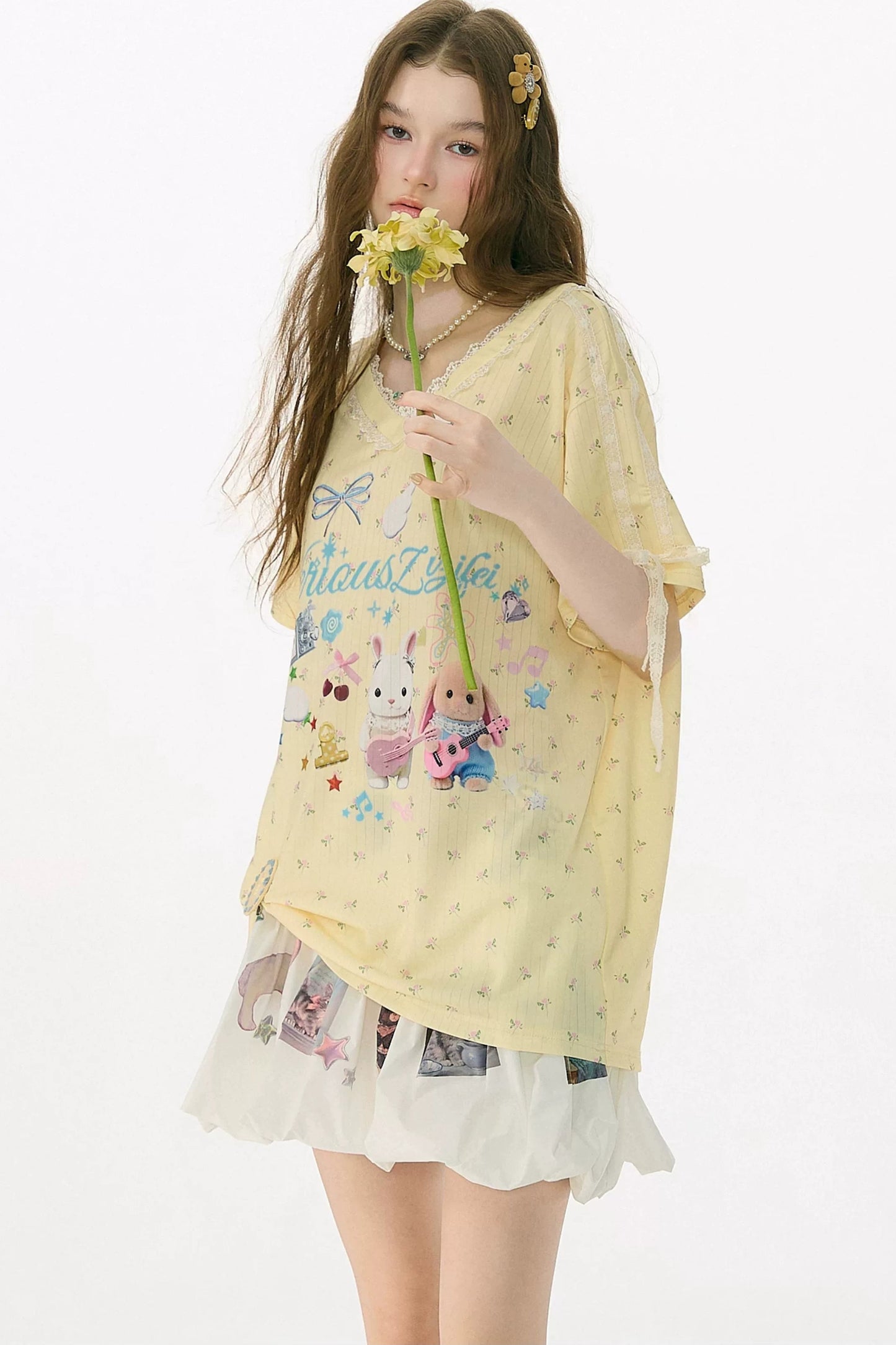 Yellow V-Neck Lace Floral T-Shirt