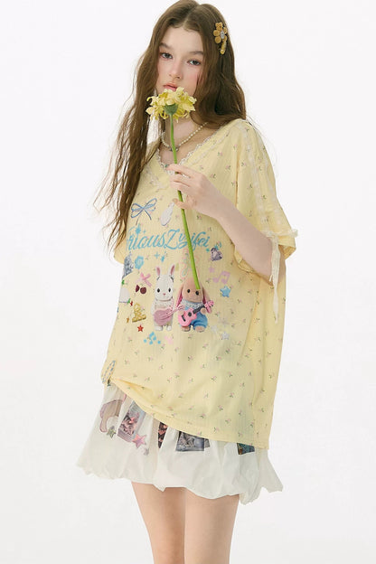 Yellow V-Neck Lace Floral T-Shirt